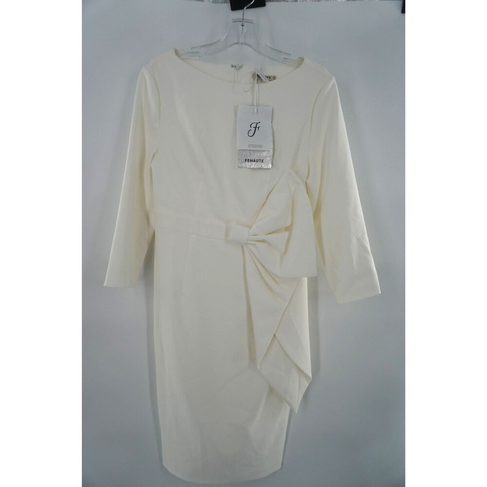 FEHAUTE Cream White Side Bow Long Sleeve Sheath Midi Cocktail Dress Sz 4 NWT